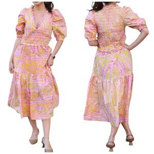 Jessie Zhao Astrid Marble Smocked Midi Dress Pink Yellow Size 2 NWT Cotton